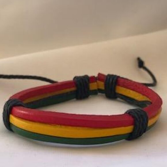 Ethiopian Flag Color Wrap Braided Leather Handmade Bracelet Adjustable Wristband - Picture 1 of 2